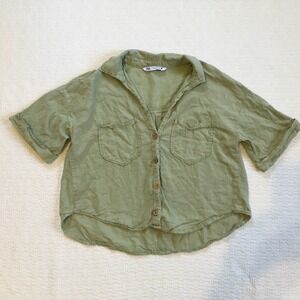 Zara Short Sleeve Collared Button Up Shirt Sage Green‎ Utility Pockets XS